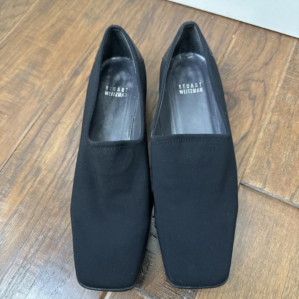 Stuart Weitzman Slip‎ On Square Toe Fabric Loafers Womens 7 Black Leather Spain